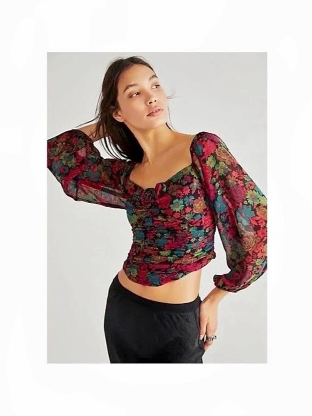 NWOT- Free People Through Oh Lala Top Floral Blouse Black & Red Small